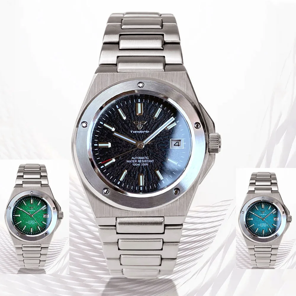 Tandorio 40mm New 100m Waterproof Business Engineer NH35A Sapphire Glass Men's Mechanical Calendar Wristwatch Striped Watch Dia
