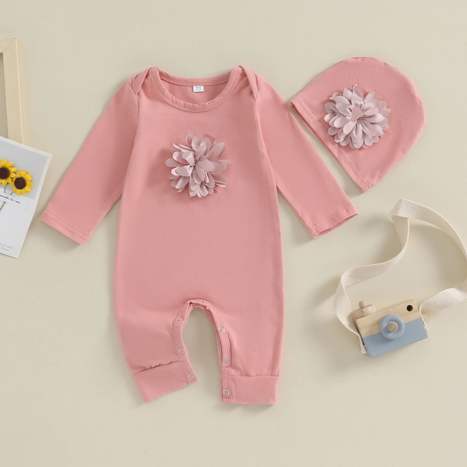 VISgogo-peleles 2 cs para recién nacido, ropa de primavera y otoño para niña, Mono de mezcla de algodón Floral, conjunto + traje de sombrero para