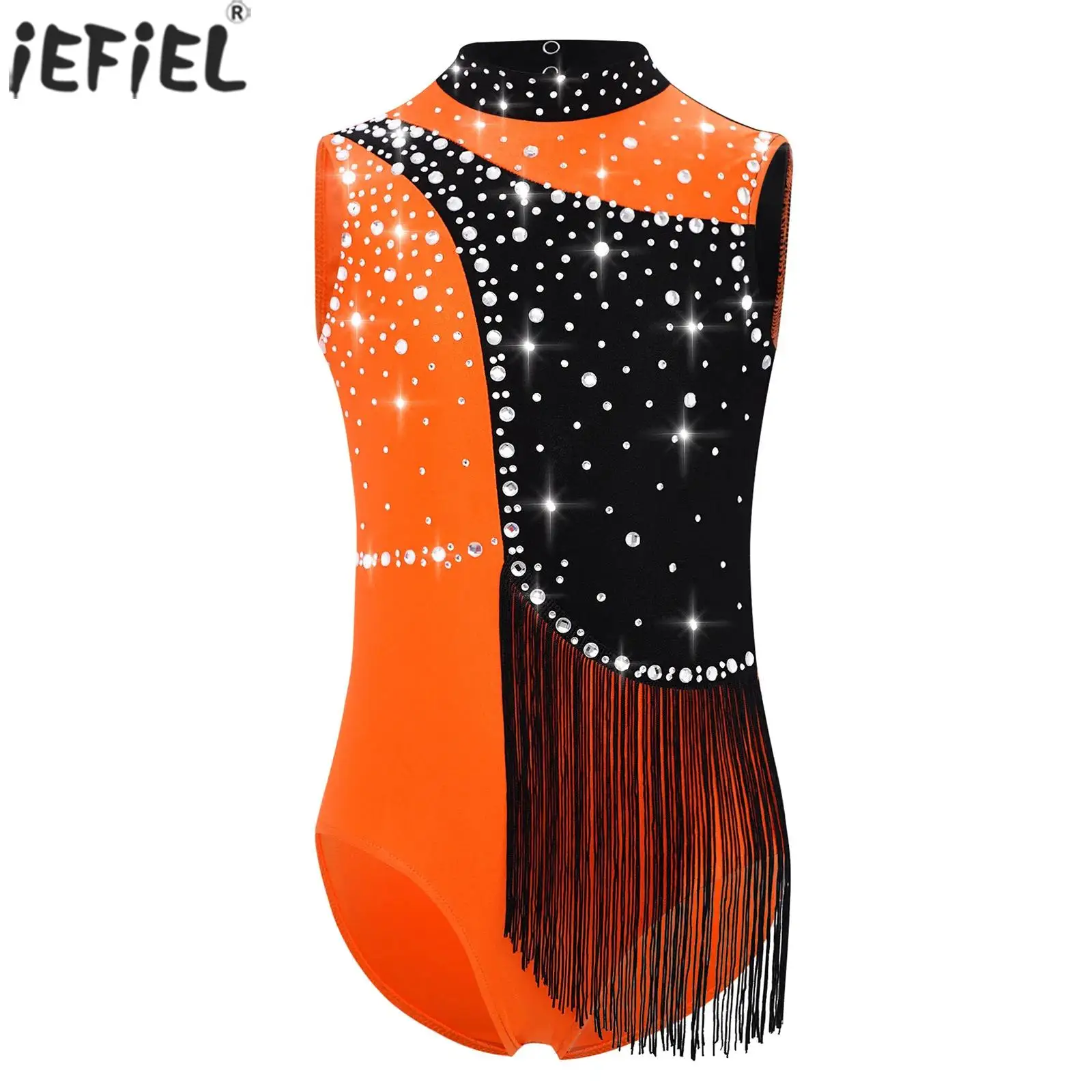 Kids Girls Figure Skating Jazz Ballet Dance Leotard Gymnastics Acrobatics Dancewear Shiny Rhinestone Sleeveless Tassels Bodysuit