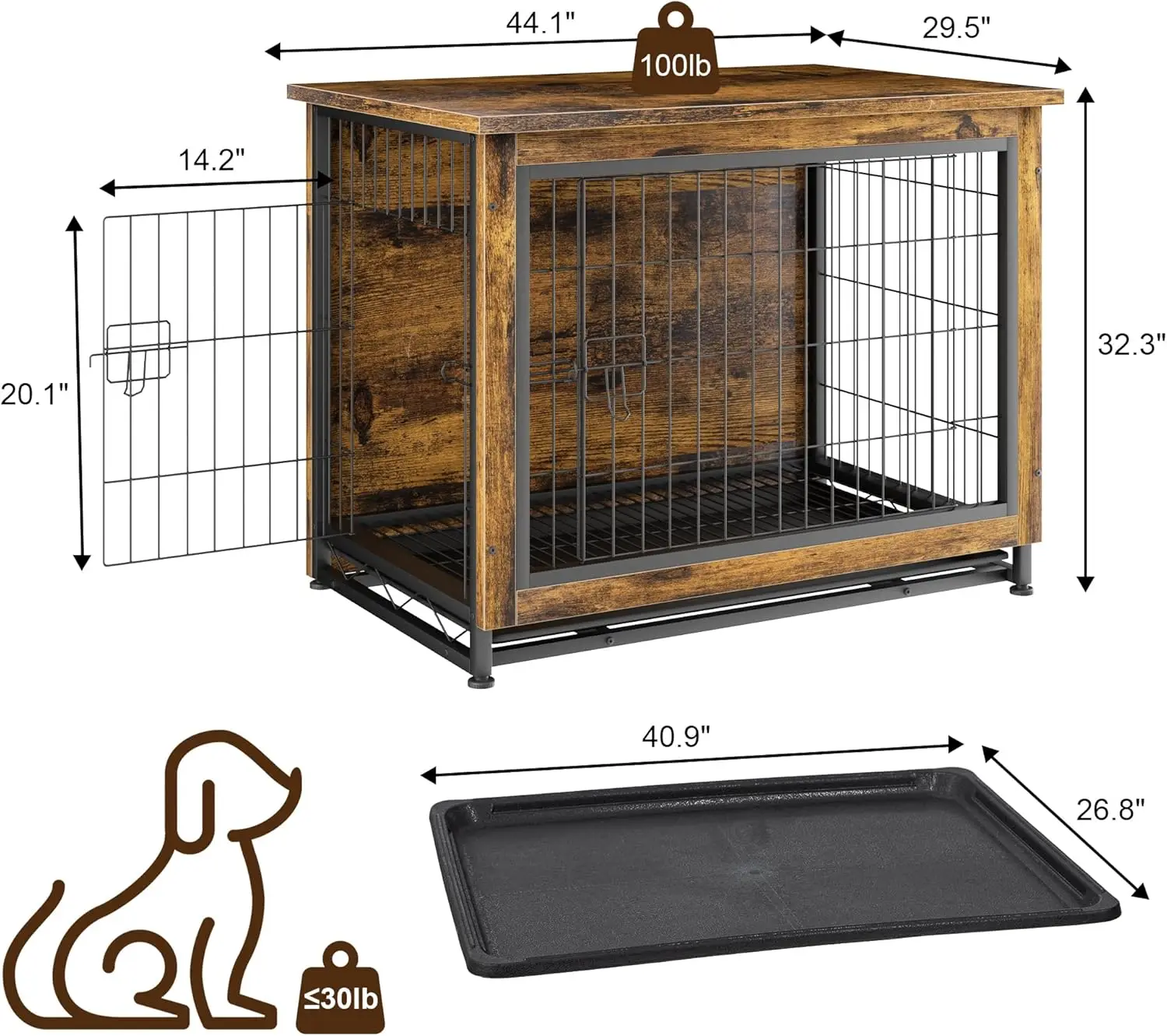 أثاث صندوق الكلاب، طاولة خشبية للكلاب، أثاث للكلاب بأبواب مزدوجة، بيت للكلاب الداخلي، قفص للكلاب/بني/XL