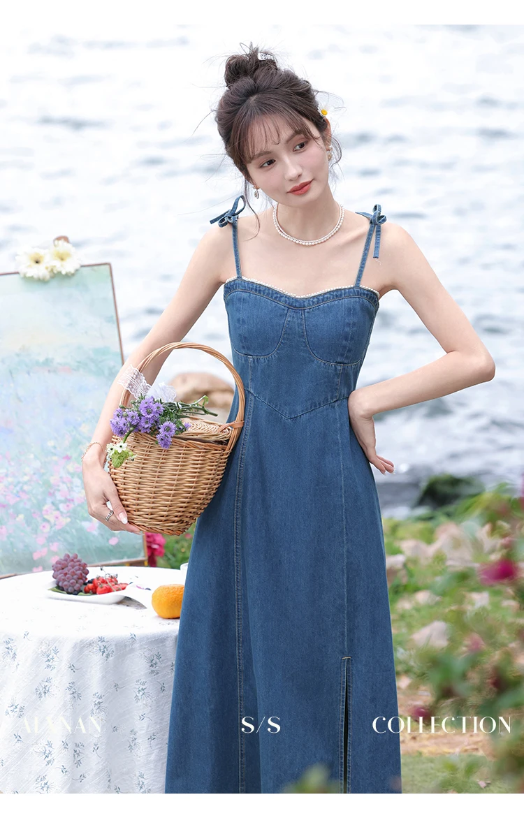 ALXNAN Women's Summer Camisole Denim Dress 2024 Vintage Frenchy Adjustable Spaghetti Strap Long Dress Female Clothing L37120