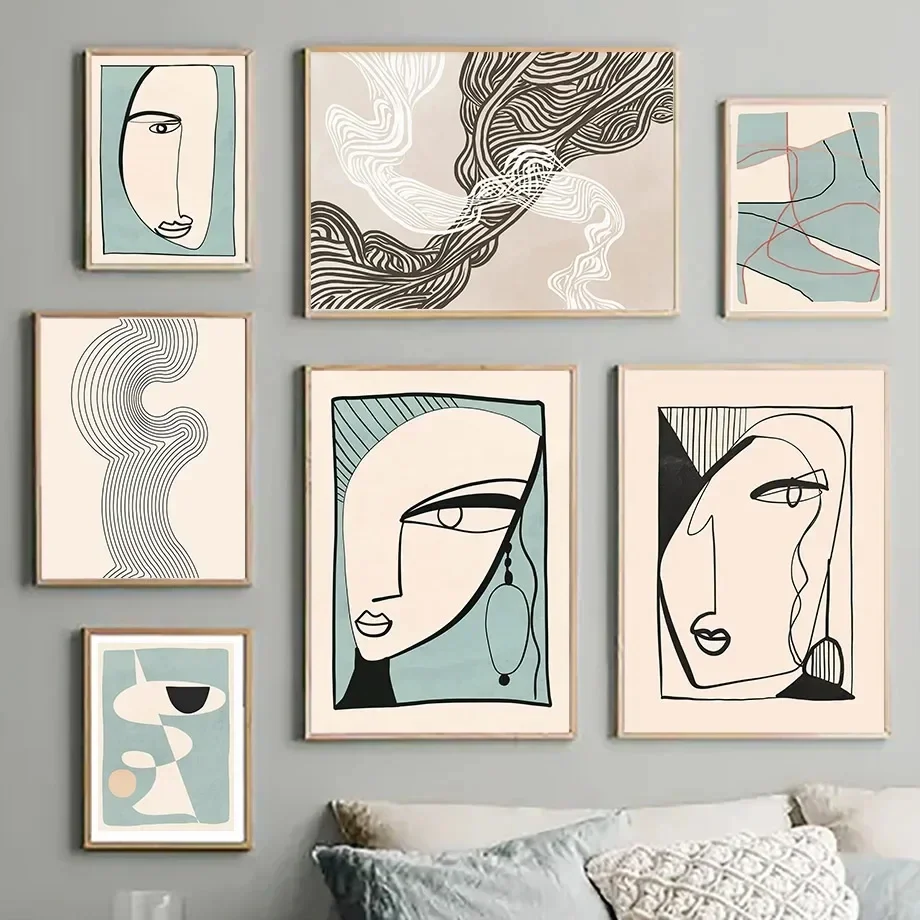 

Wall Art Mural Bohemia Cyan Line Girl Face Minimalism Abstract Canvas Painting Living Room Decoration Poster Print Home Pictures