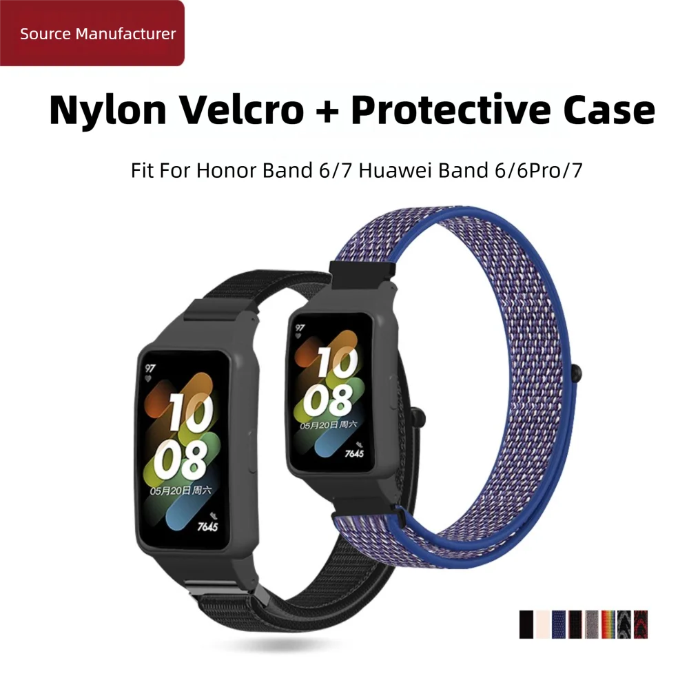 Nylon Watch Strap with Protective Case For Huawei Band 6/6Pro/7 Honor Band 6/7 Quick Release Washable Sport Smart Watch Band