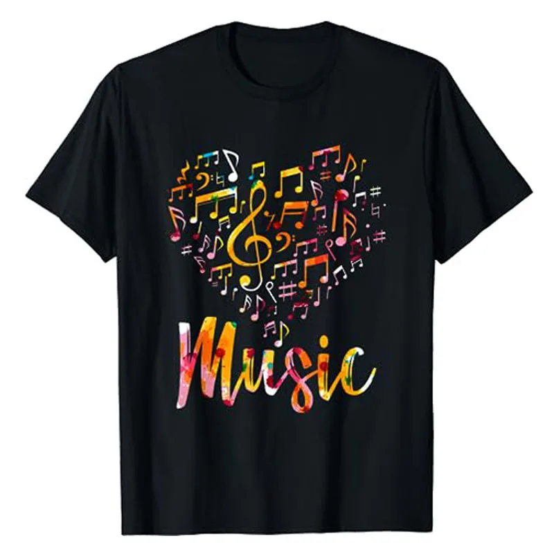 

Musician Gift Musical Instrument Music Notes Treble Clef T-Shirt Humor Funny Love Heart Graphic Tee Tops Short Sleeve Blouses