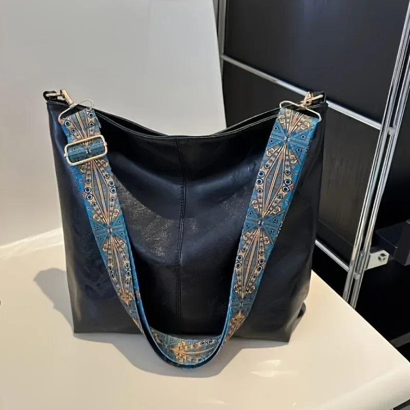 

Large Capacity Women'S Shoulder Bag, Vintage Wide Strap Crossbody Bag, Casual Commute Bag Zipper Closure Large Shoulder Bag