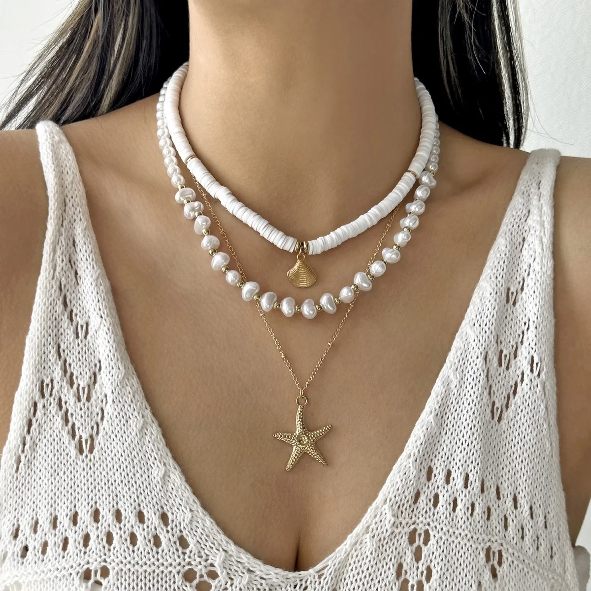 Mehrlagige Halskette mit imitierten Perlen, Herzanhänger aus weichem Ton, Muschel- und Seesternanhänger für Damen und Herren, Sommer-Muschel-Choker, Schmuckgeschenk – Detail 7