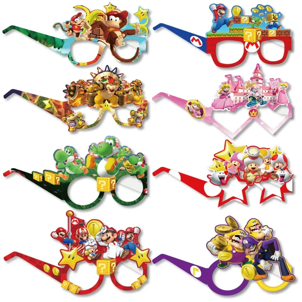 

16/8Pcs Super Mario Bros Cartoon Paper Glasses Photo Props Decor Action Figure Toys Games Themed Glass Birthday Party Kids Gifts