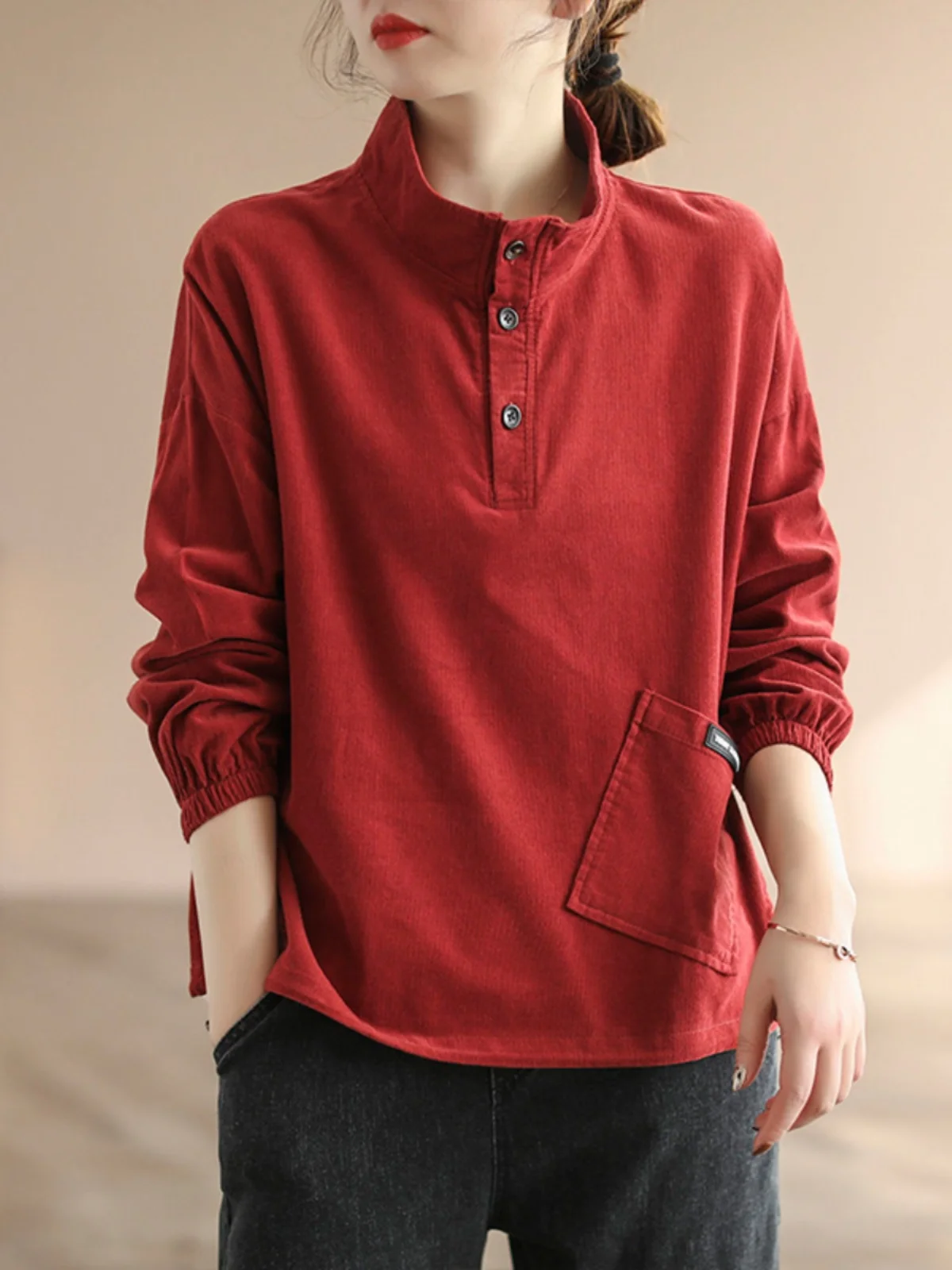 Damska bluza z bawełnianego sztruksu z wysokim kołnierzem, długi rękaw, modny patchwork, duży rozmiar, idealna na wiosnę i jesień.