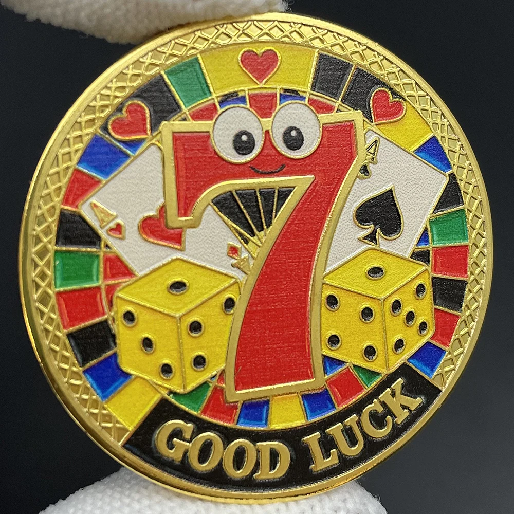 Number 7 Lucky Coins Clover and Horseshoe Colorful Commemorative Coins Casino Card Holder Bring Good Luck Token