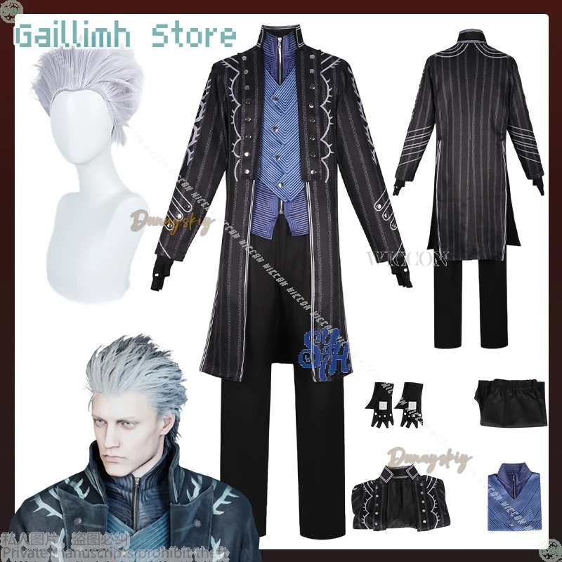 

Vergll Cosplay Game DMCC Anime 할로윈 코스튬 Striped Vintage Trench Coat Punk Goth Styles Shirt Uniform White Wigs Halloween Christmas