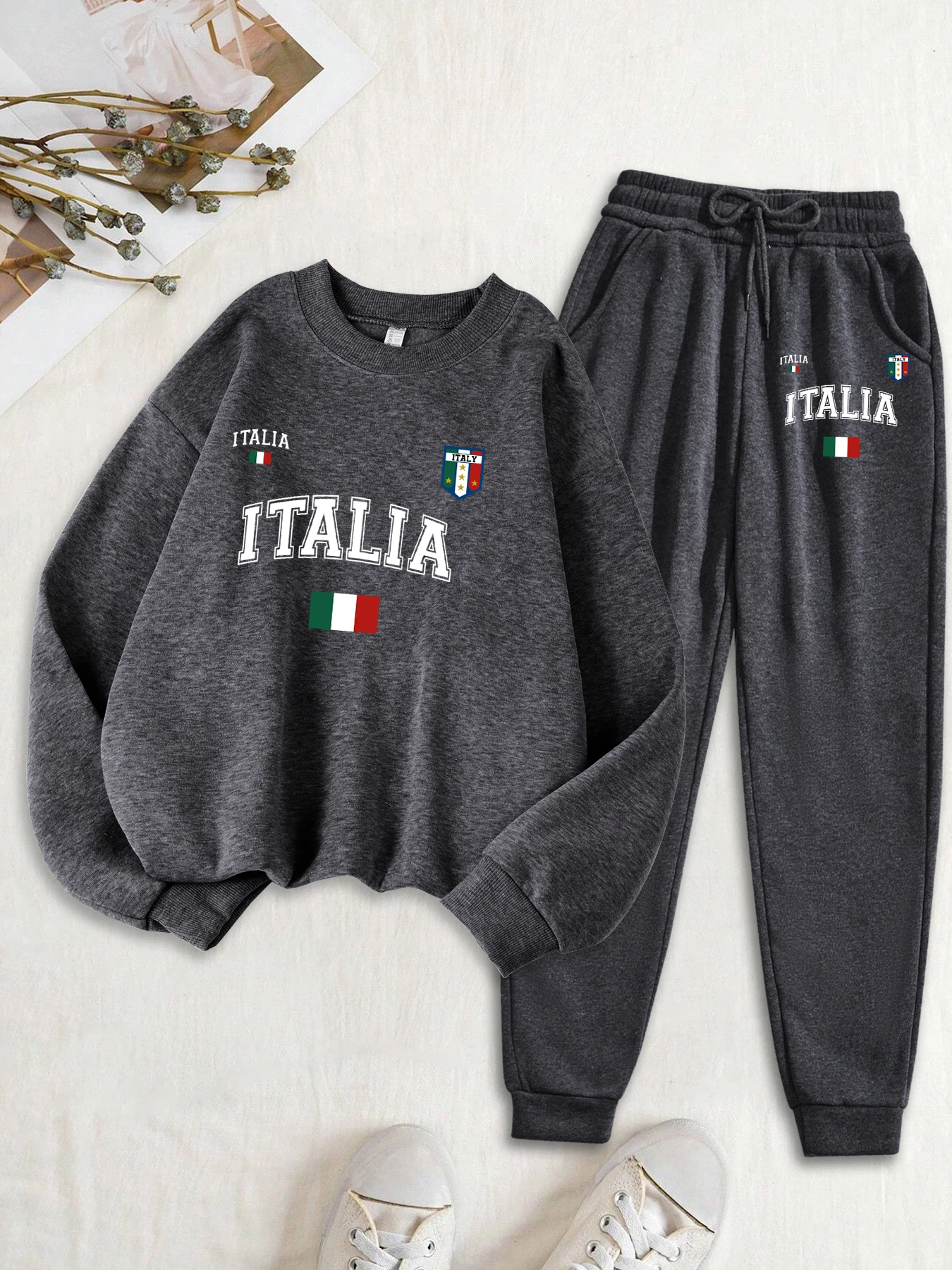 Italia Italian Flag Print Women Sweatshirt Suit O-Neck Soft Pullovers Casual Comfy Sweatpants Women'S Autumn Jogging 2 Piece Set