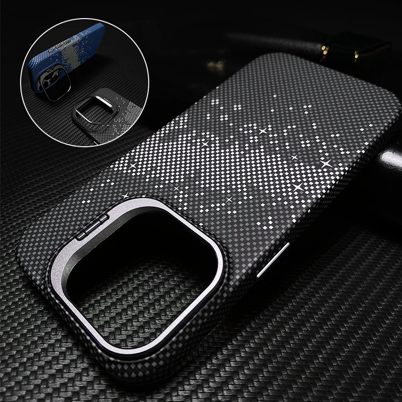 Lens Metal Holder Milky Way Carbon Fiber Pattern Case For iPhone 16 15 14 13 Pro Max Magsafe Magnet Wireless Charge Hard Cover