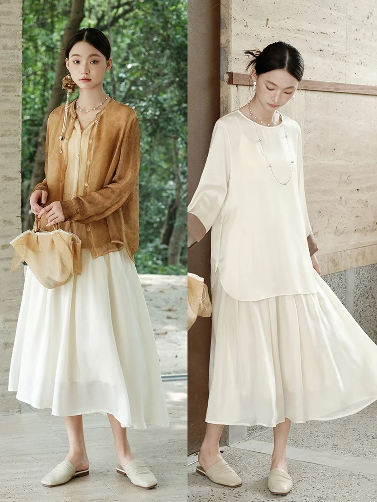 

High-End Silk Power Spin 00% Silk Long Skirt Women's Faion Summer Midi Skirt Artistic Commute Embroidered mid Waist