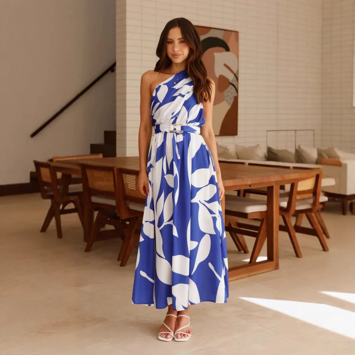 

Women's Print Slanted Collar Long Dresses Fashion Casual Vacation Style Belt Off Shoulder Sleeveless Dress Summer Lady Vestidos