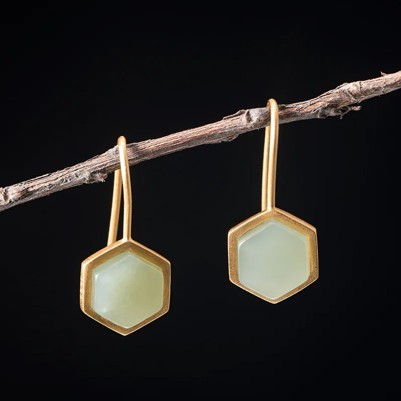 

Fashionable Minimalist Geometric Silver Ear Studs, Chinese Style Hetian Jade Earrings S925 Silver Jewelry, Exquisite Daily Wear