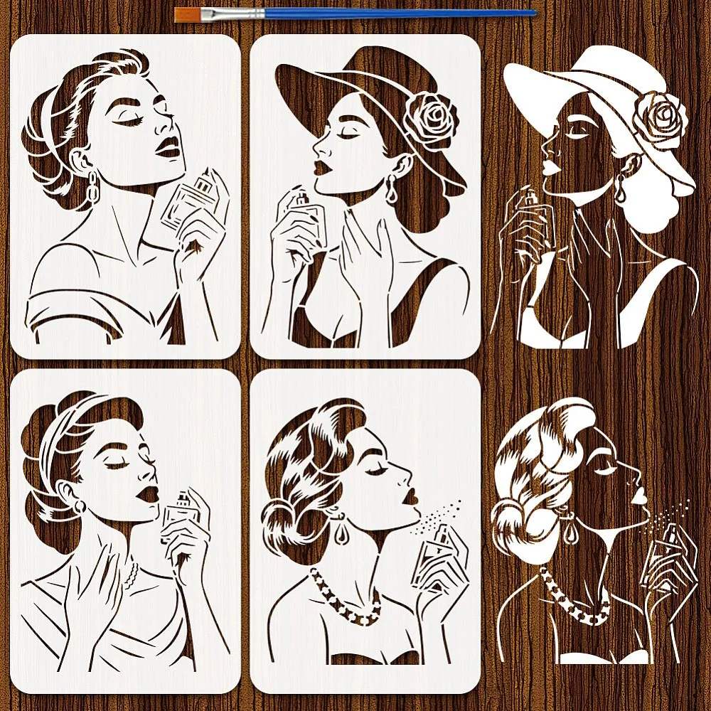 4 Stück, 4 Stile, PET-Schablonen zum Ausstechen und Malen für DIY-Scrapbook-Fotoalben, Menschliche Figuren, 297x210mm, 1 Stück/Stil