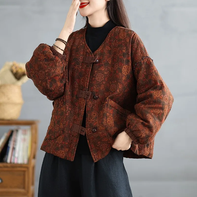 Thick Warm Casual Jackets Women New 2024 Autumn Winter Vintage Style V-neck Floral Print Loose Female Quilted Coats B2068