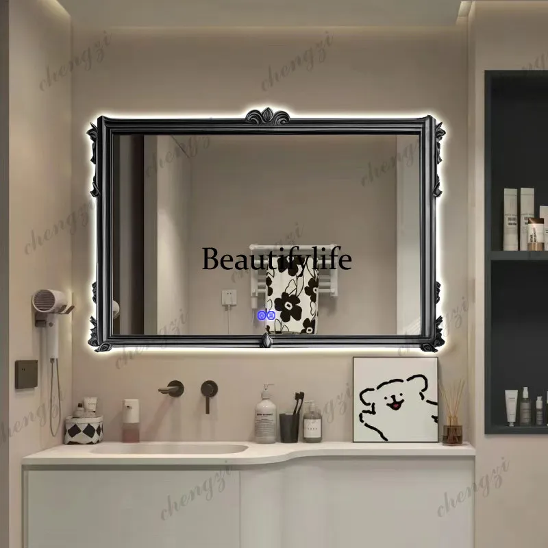 HR Square retro bathroom mirror wall hanging intelligent defogging bathroom French LED washstand bathroom mirror