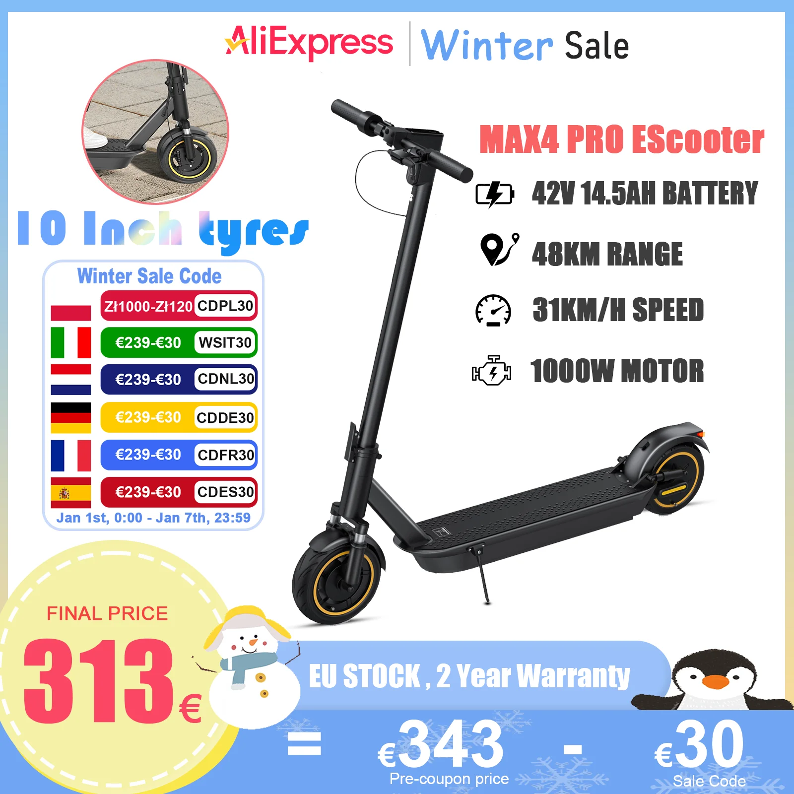 AOVOPRO MAX4 PRO Electric Scooter 42V 14.5AH Large Battery 45KM Long Range 1000W Powerful Motor 35KM/H 10“ Tyres Adult Escooter