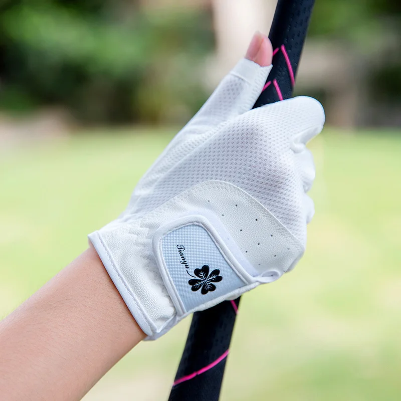 1 Pair Golf Gloves for Women Both Hands Open Finger Anti-slip PU Mesh Breathable Fingerless Outdoor Sports Training Gloves