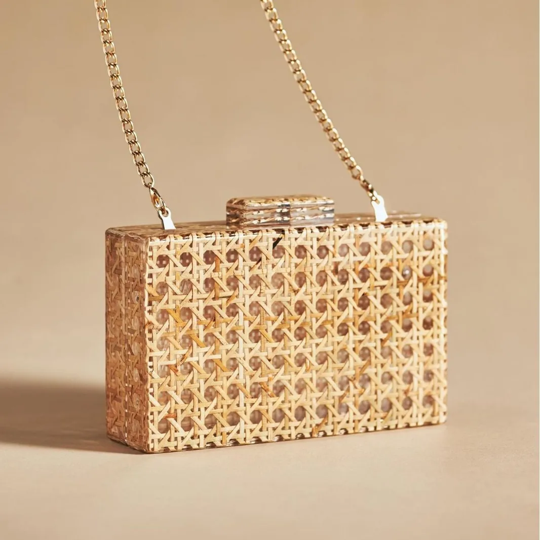 

Women Acrylic Bag Rattan Party Mini Clutch Purse Square Woven Box Crossbody Handbag Shoulder Bag