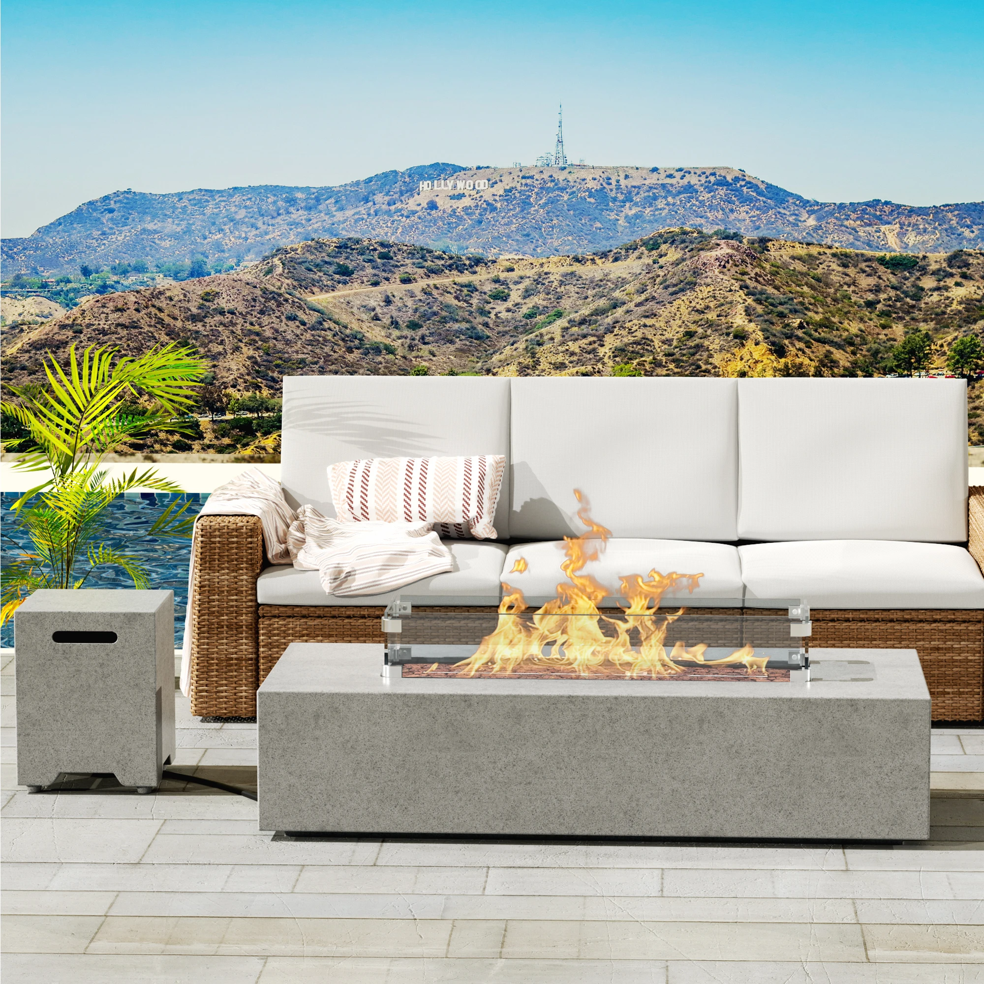 

56-inch x 28-inch Gray Fire PitOutdoor Propane Fire Table Set, Rectangle Concrete (50,000 BTU) w 20lb Tank Table, Wind Guard