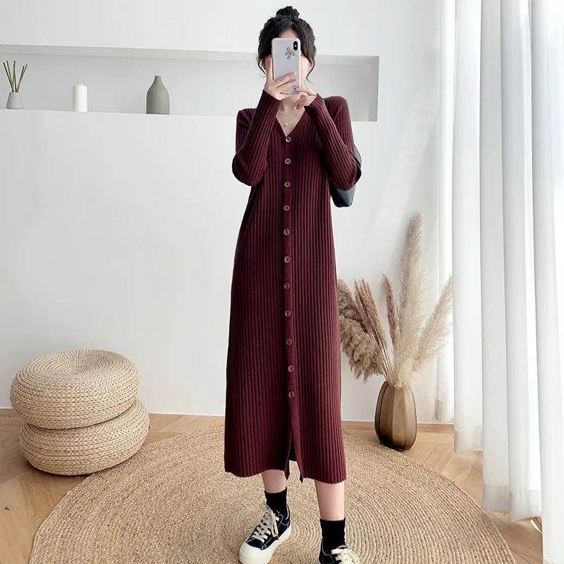 New Women Long Sweater Dress Autumn Winter Fashion V-Neck long Sleeve Single Breasted Knitted Dress Simplicity Casual Sweater