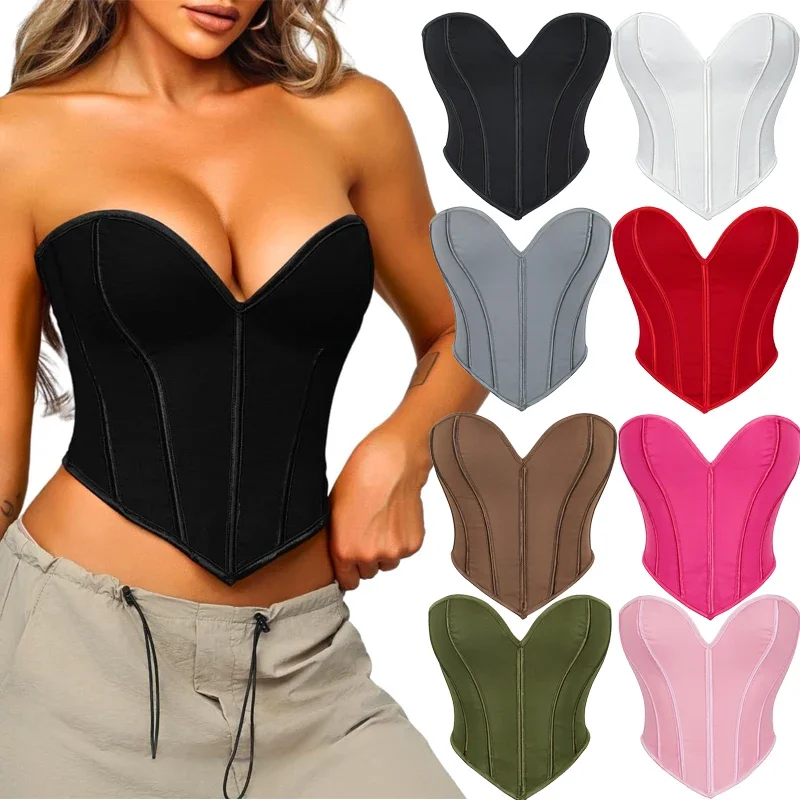 

Women's Heart Lace up Boned Overbust Corset Tube Top Strapless Bustier Lingerie Shapewear Tops Sexy Concert Outfits Going Out
