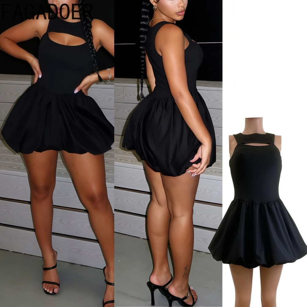 

FAGADOER Sexy Hollow Out Bodycon Mini Dresses for Women Black Sleeveless High Waist Bubble Puff Dress Female Streetwear Vestidos