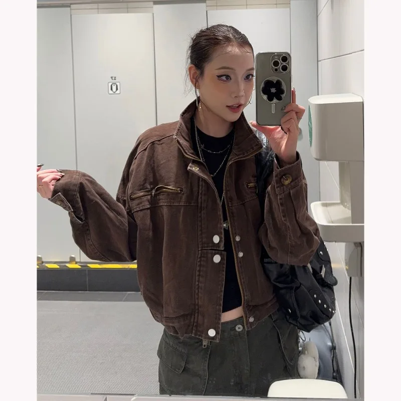 

YYAHAS американская рабочая одежда в стиле ретро, джинсовое пальто, женская осенняя новая стильная свободная и высококачественная короткая мотоциклетная куртка, топ