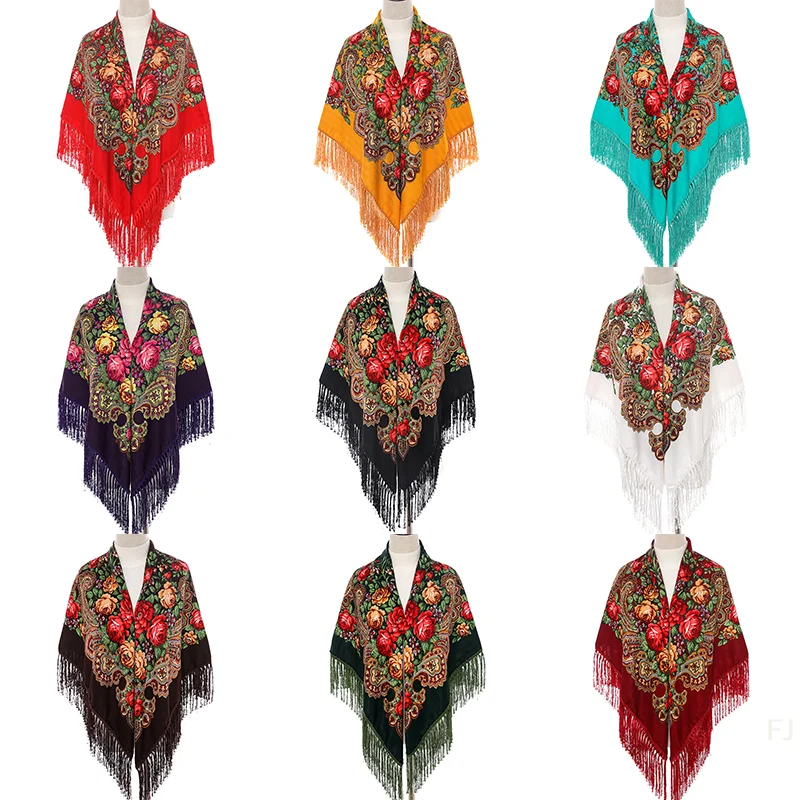 

Luxurious Women's Peony Print Cotton Scarf, 130cm Square Russian National Shawl with Fringes and Handkerchief Wrap