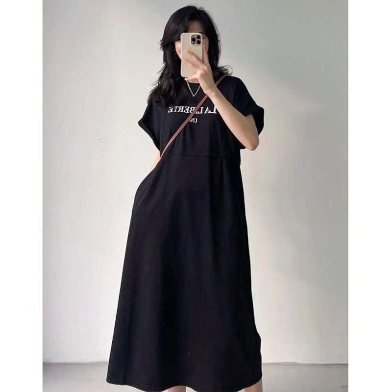 Casual T-Shirts Dresses Woman for 2023 Summer Loose Plus Size Lady Vestidos Print Letter Short Sleeve Female Robe Tops KE3280