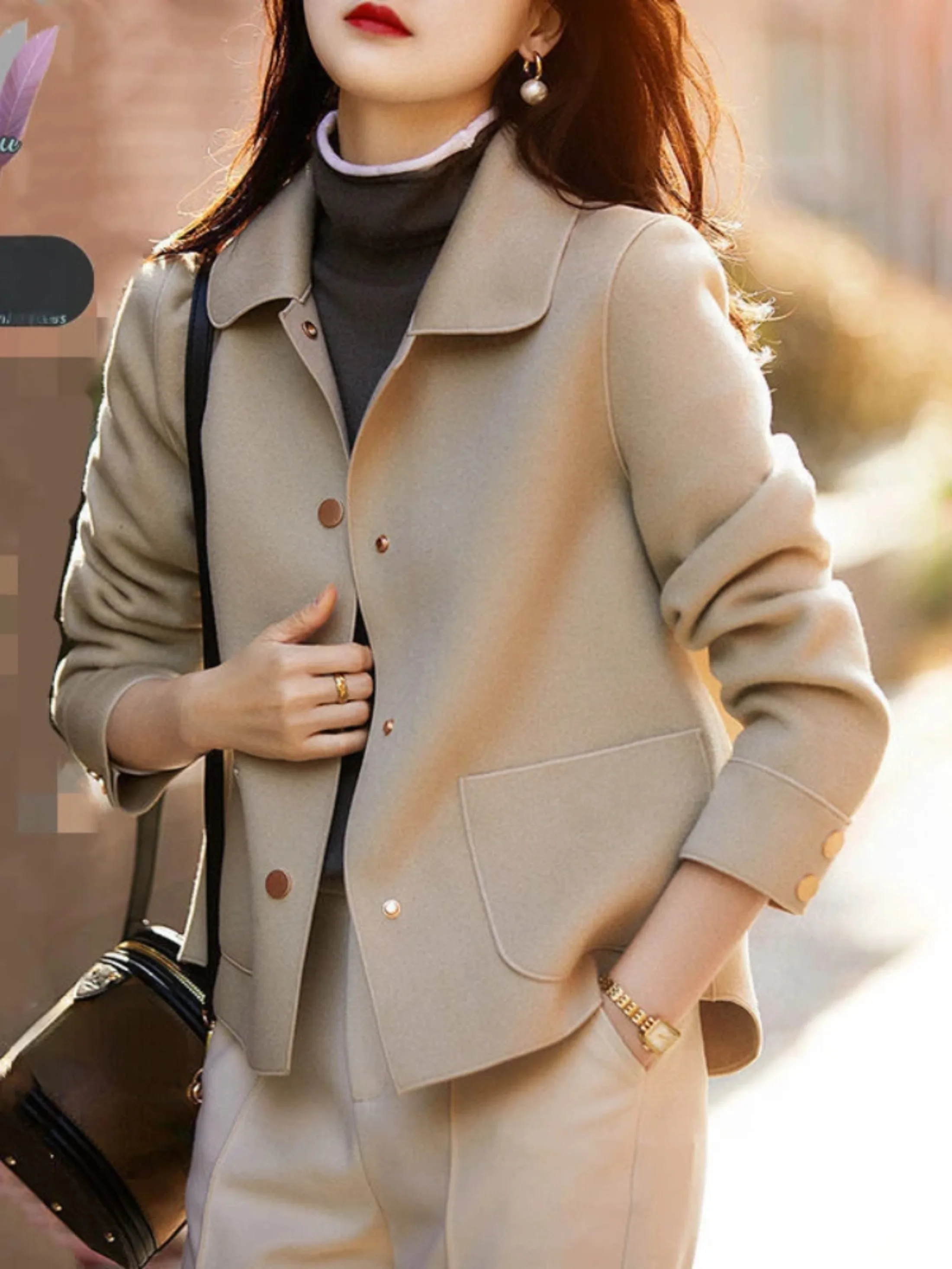 

Fashion Elegant Women Coat New Korean Version Simple Solid Color Woolen Coat Temperament Loose Autumn Short Jacket Women 2025