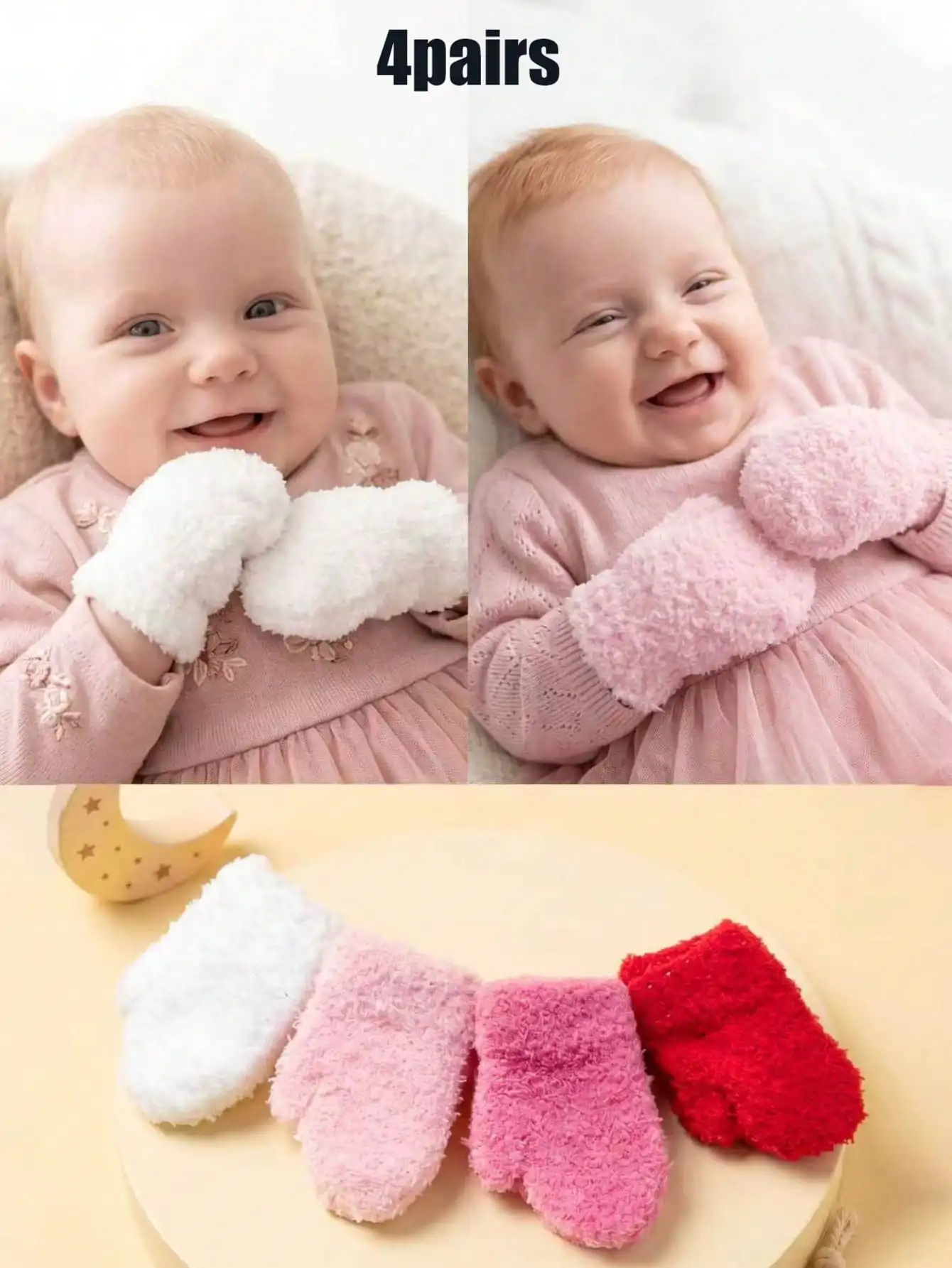 4Pairs 0-12M Toddler Girls Half‑Velour Mittens Set, Plush Knit Fully Enclosed Mittens, Candy‑Colored Infant Hand Covers