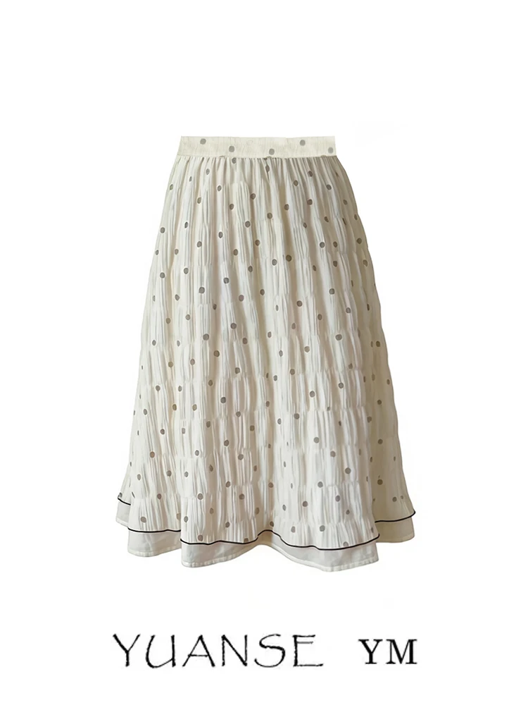  Polka Dot Print Pleated Texture Double Layer A-Line Skirt Women Summer Elegant Color Block Lace Half-length Skirt