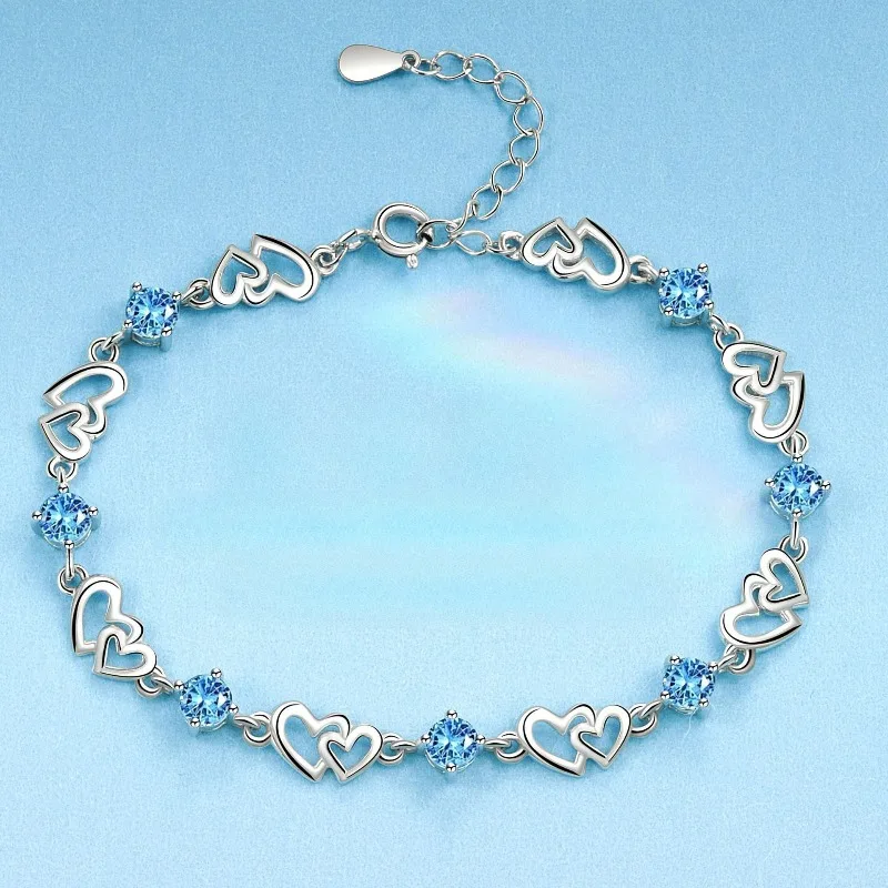Pulseras de doble corazón de Plata de Ley 925 para mujer, elegante pulsera con dije de cristal azul Retro, regalo de joyería para fiesta y boda