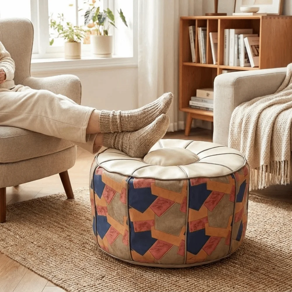 PU Leather Footstool Cover Unfilled Round/Square Sofa Stool Cover Bohemian Style Large Capacity Storage Bag Living Room