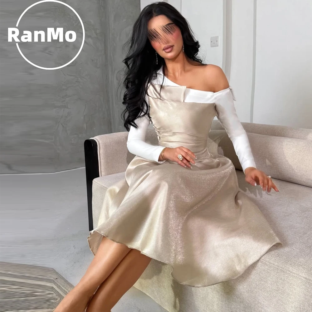 

Ranmo Elegant Customized Evening Dresses Off Shoulder A-Line Tea-Length Full Sleeve Dresses For Prom Ruffle Zipper Up Prom Gown