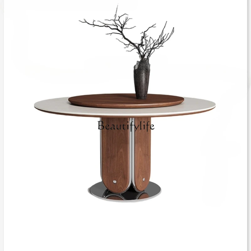 

Travertine rock slab round dining table household small apartment medium and ancient style round solid wood with turntable