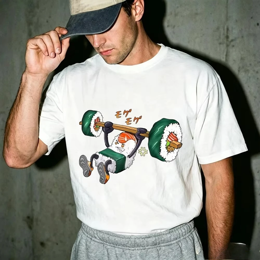Funny Graphic Tee Anime Cartoon Sushi Lifting Barbell Japanese Sound Effect Print Short Sleeve Loose Men T Shirt Tops