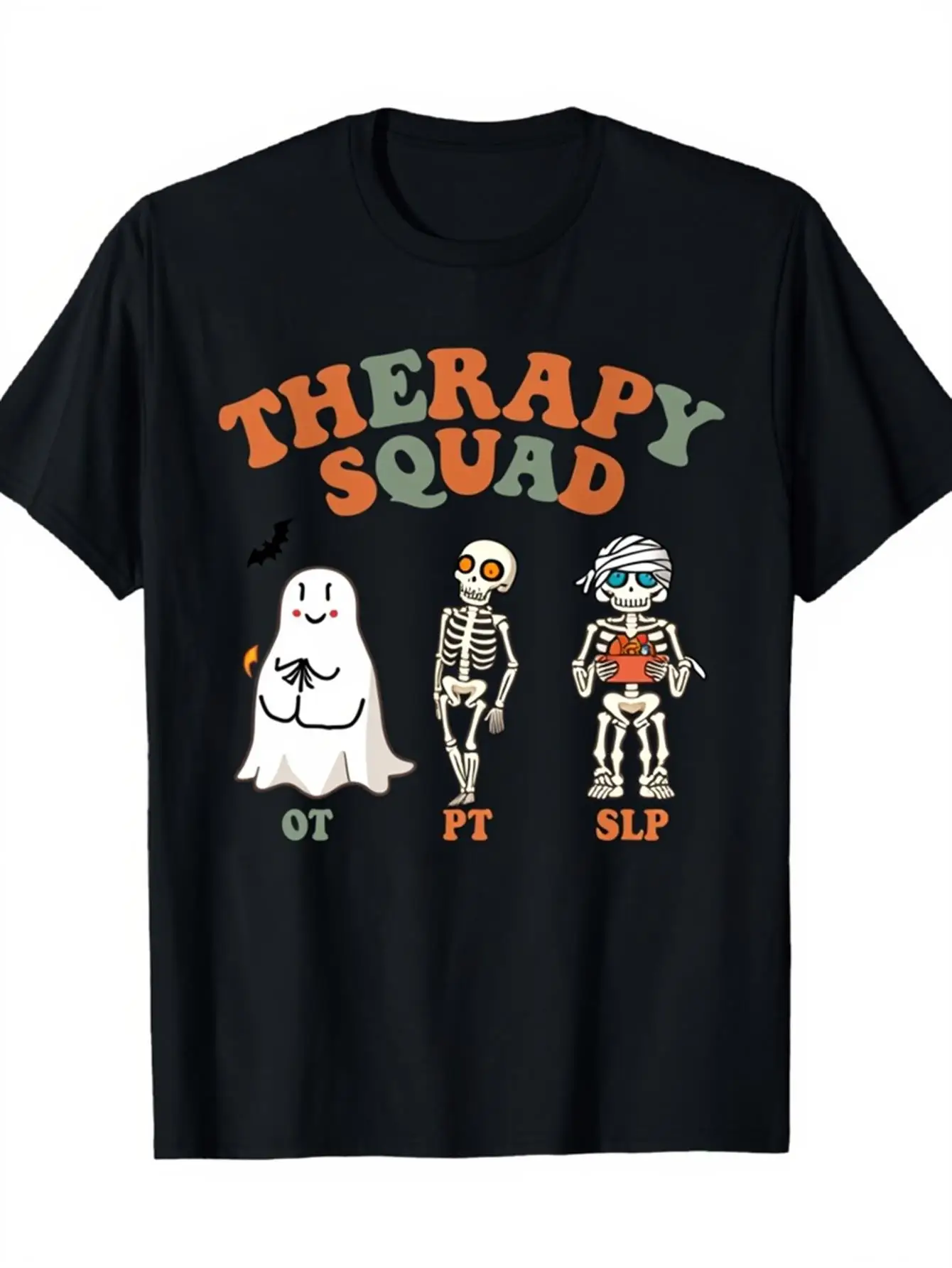 Funny Men's Black Graphic T-Shirt Ghost Skeleton Mummy Therapy Squad Halloween Cartoon Letter Print 100% Cotton Heavyweight Short Sleeve Casual Streetwear Tee