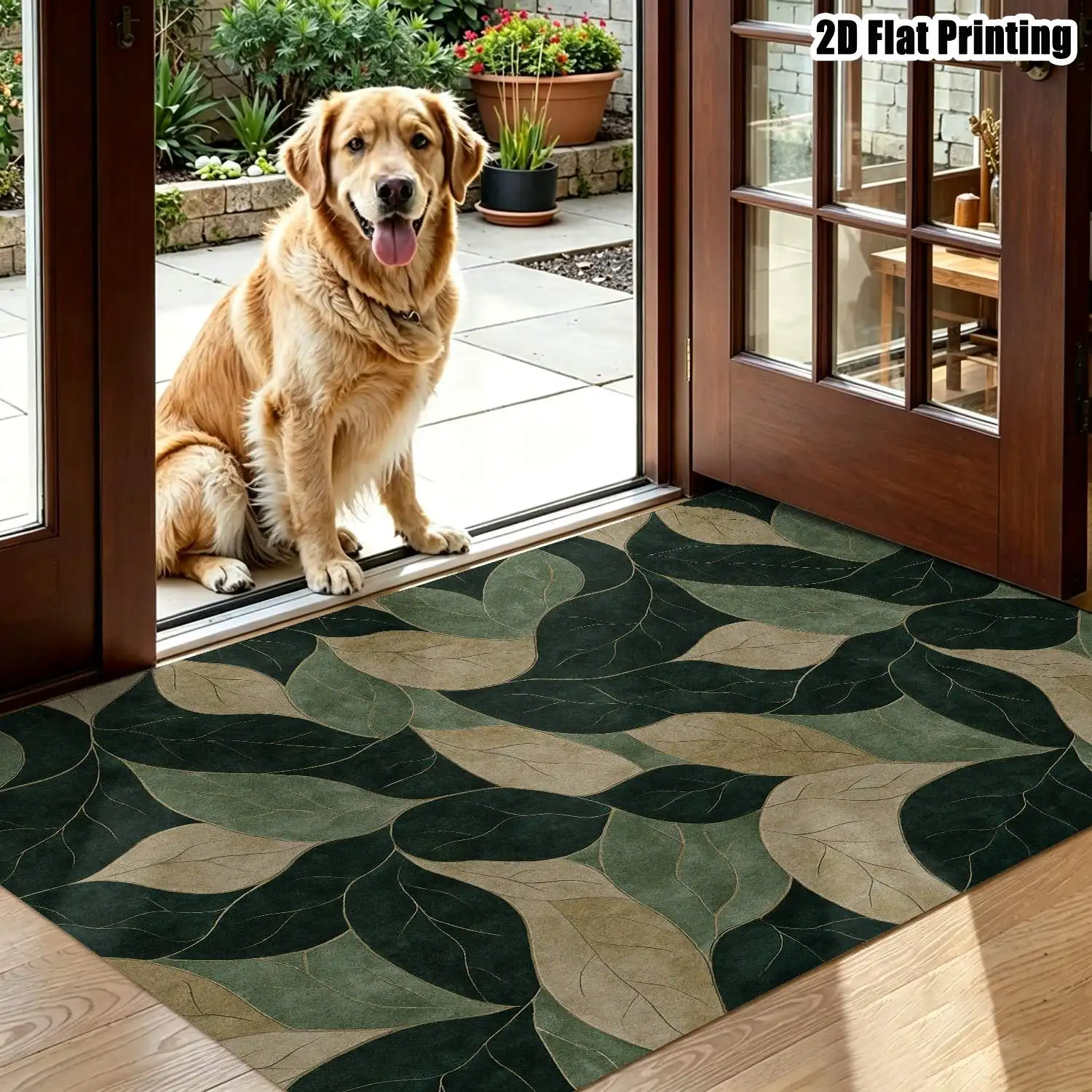 1Pc 2D Printed Carpet: Dark Green & Light Yellow Leaf Pattern, Nordic/Instagram/Modern Minimalist/Vintage Geometric Leaf Style Home Decor, Multi-Size, Machine Washable, for Entryway, Dining Room, Foyer, Bedroom, Living Room.
