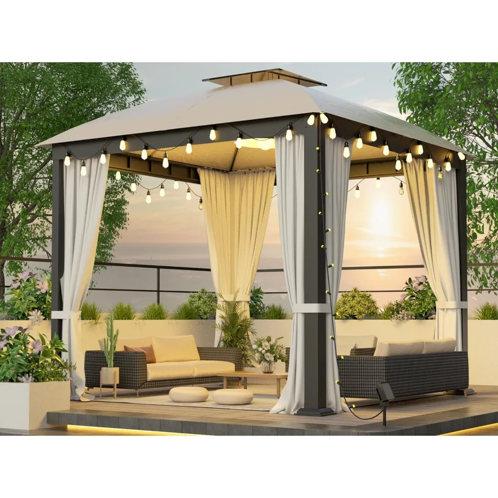 

Patio Gazebo 10x10, Outdoor Gazebos, Heavy Duty Gazebo Soft Top Gazebos, Double Roofs Anti-UV Shelter with Privacy Curtains and