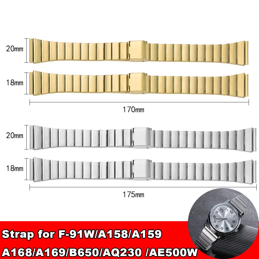 Silver 18mm20mm Stainless Steel Strap for F-91W/A158/A159/A168/A169/B650/AQ230 /AE1200 Watchband Ultra-thin Metal Belt Bracelets