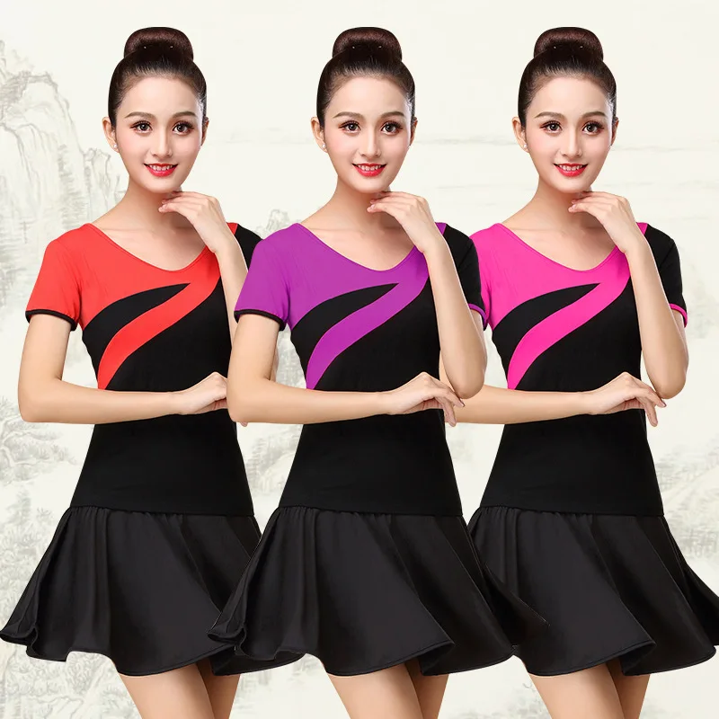 Square dance Modal patchwork top short sleeved spring/summer exercise dance clothing for middle-aged and elderly women