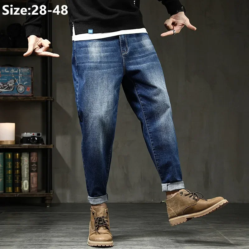 Men Jeans Black Denim Blue Pencil Loose Stretch Boys Plus Size Large 42 44 46 48 Pants High Waist Cool Cowboy Classic Trousers