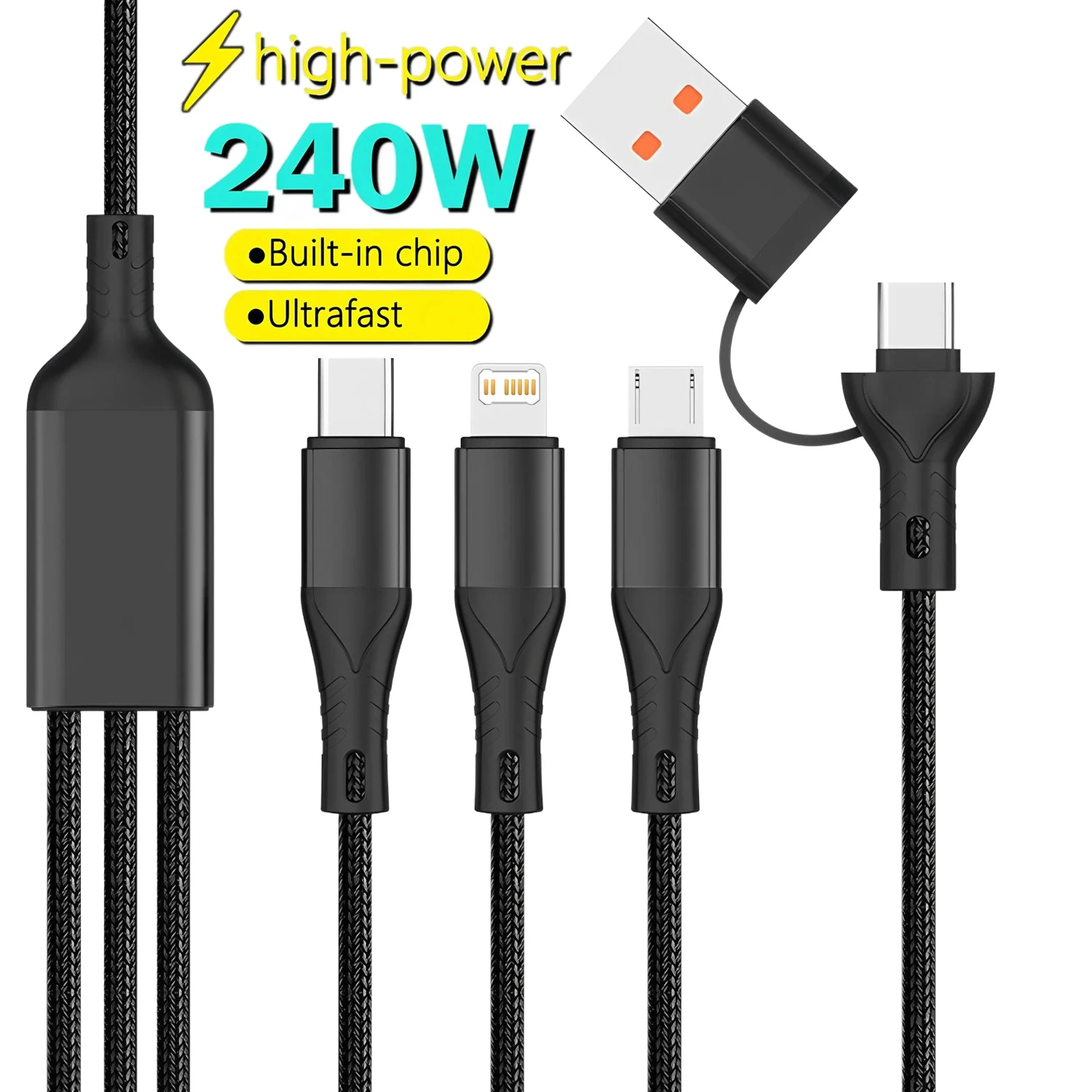 

3 In 2 240W Fast Charge Cable Micro USB TypeC Mobile Phone Data Cable For iPhone Huawei OPPO Xiaomi Redmi Samsung Charging Cable