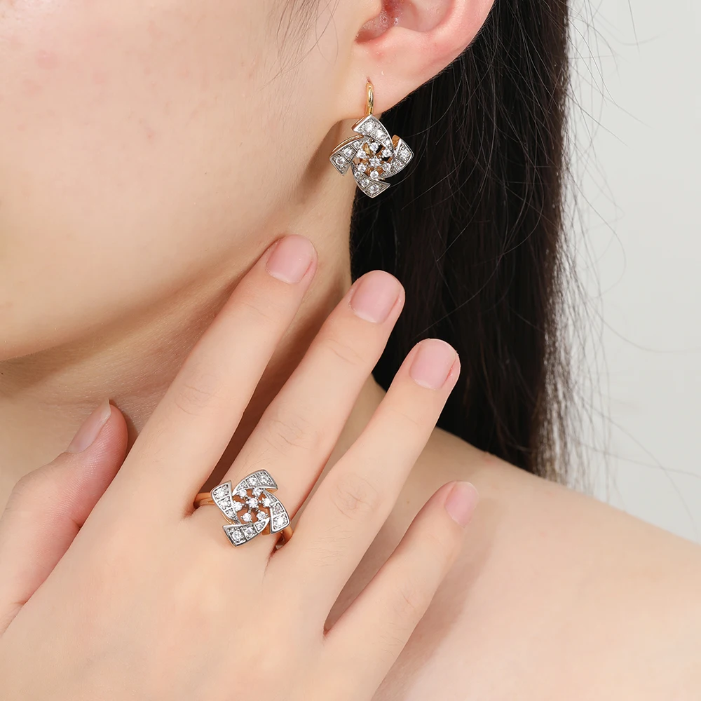 Geometric Windmill Zircon Earrings & Ring Set, 14K Gold Plated