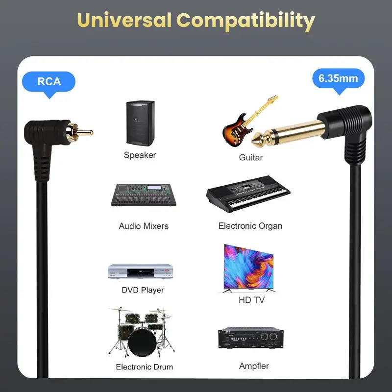 2m Gold Plated Pure Copper 90 Degree Right Angle RCA Male to 6.35mm Mono Male Speaker Mixer Audio Cable