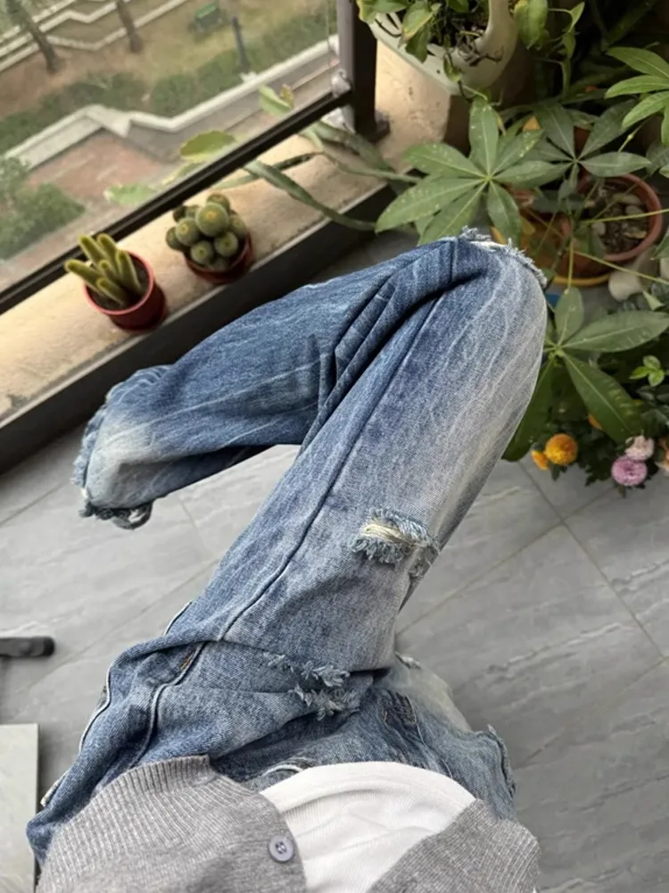 

American Retro Hole Denim Jeans Men's Design Sense Lightning Pattern High Street Pants Cool Straight Leg Long Trendy Jeans